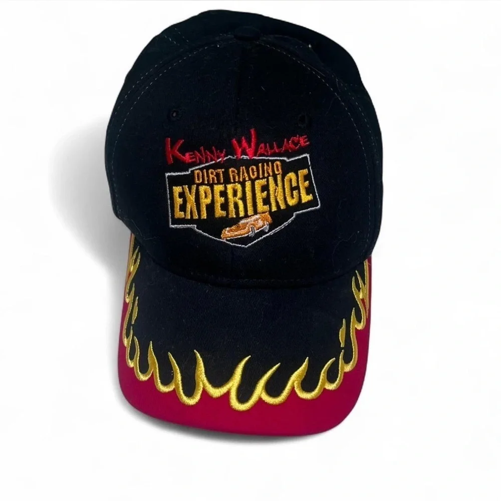 Kenny Wallace Dirt Racing Hat Flame Embroidered Black Red Yellow OSFM